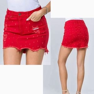 Red Distressed Jean Skirt